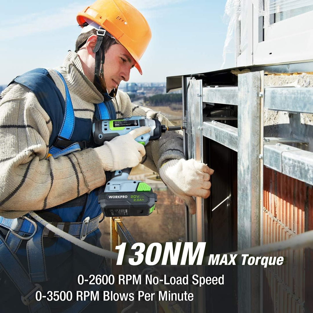 WORKPRO 2tlg. Akkuschrauber Schlagschrauber Set 20V 2,0Ah, 2 Akku und Ladegerät inkl. mit 6tlg. Bohr