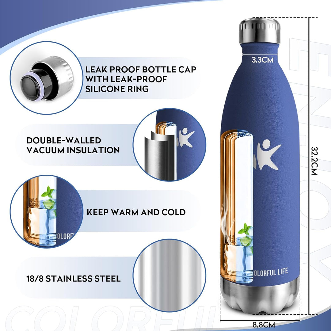 KollyKolla Thermosflasche 500ml/750ml/1L, Trinkflasche Edelstahl 500ml, BPA-frei Isolierflasche, The