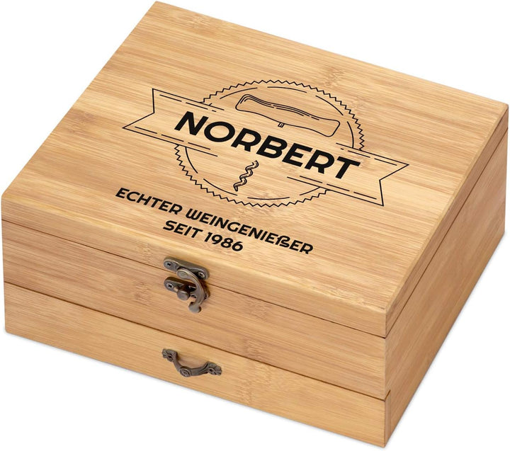 Maverton Weinöffner-Set personalisiert Weinset Sommelier Set - Geschenkbox Holzbox + 8er Weinzubehör