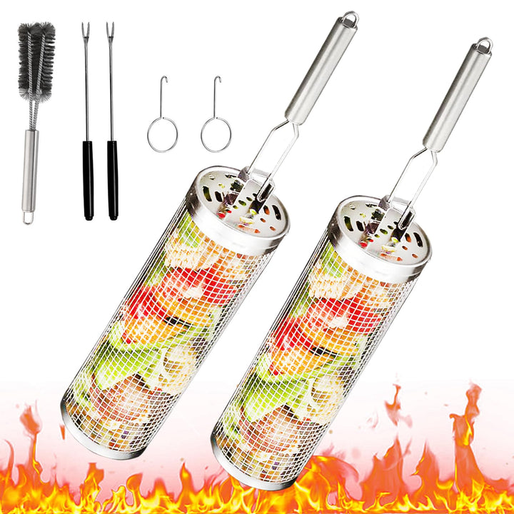 2 Stück Grillkorb Edelstahl mit Abnehmbarem Griff, Grill Zubehör BBQ GrillgemüSe Grillkorb Zylindris