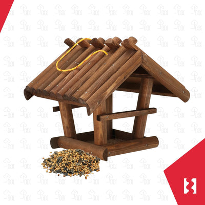 KOTARBAU® Holz Vogelfutterhaus Klein aus Natürlichem Holz Dunkelbraun zum Aufhängen + 0,5 kg Futter