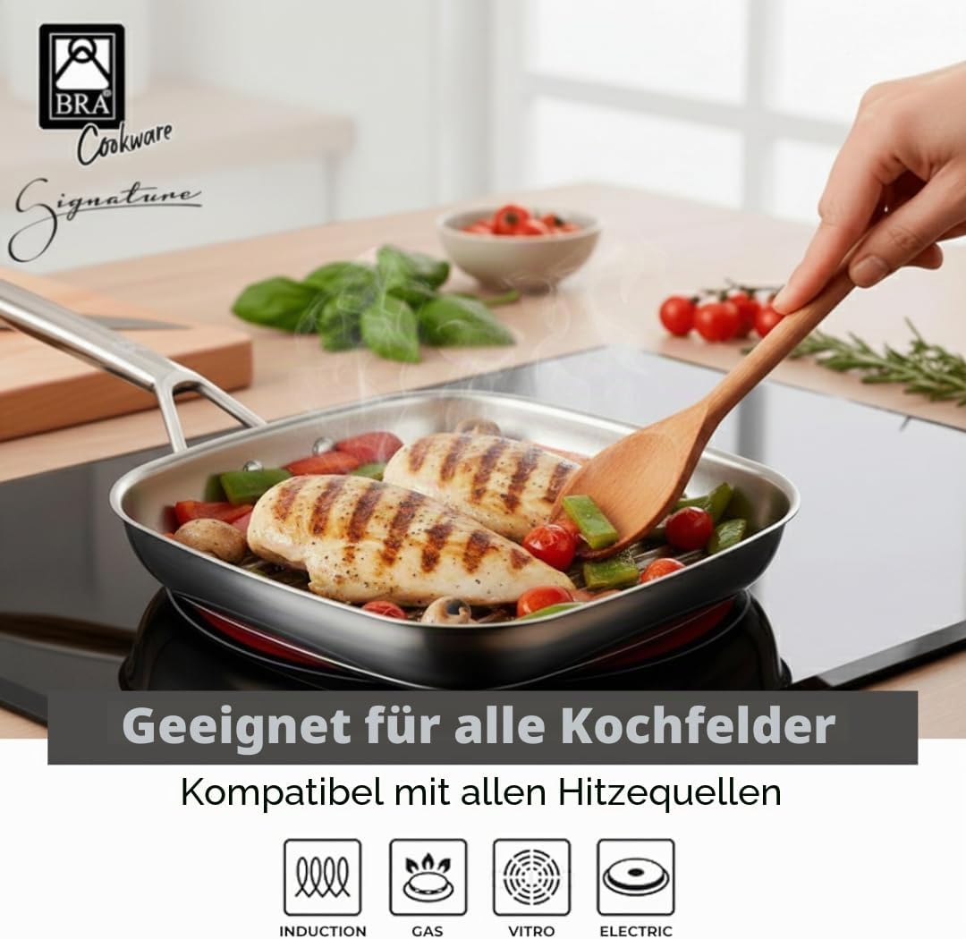 BRA Signature Grillpfanne mit Rillen, 24 cm, aus Edelstahl, ohne Antihaftbeschichtung, ergonomischer