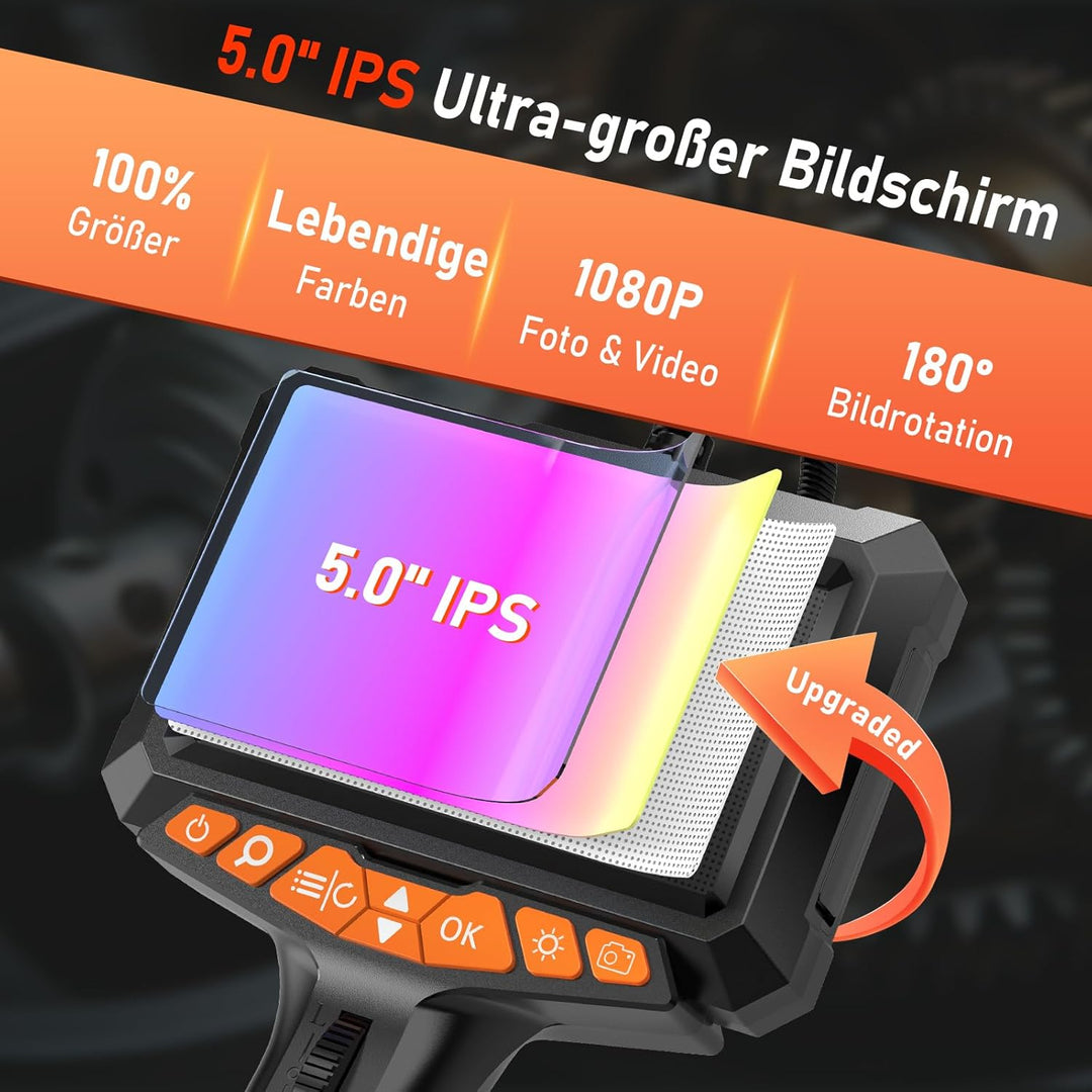 1080P Endoskopkamera Beweglicher Kopf, 5" LCD-Bildschirm Endoskopkamera mit Licht, 270° Drehbare End