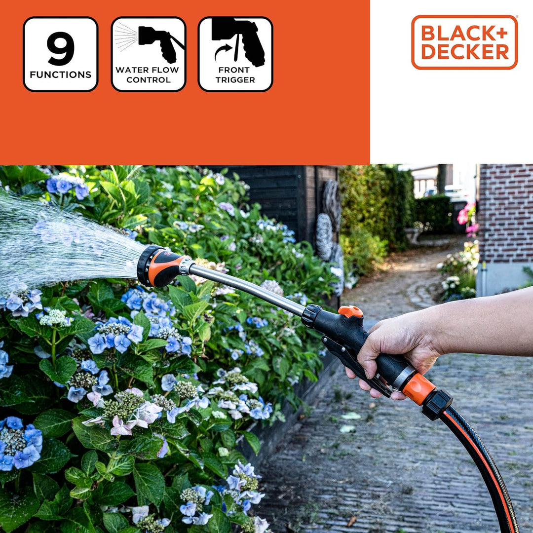 BLACK+DECKER Blumenampel - Giessstab - Pflanzensprühgerät Langer Griff - 9 Ständer - 50 cm - Schwarz