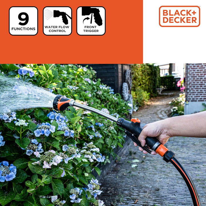 BLACK+DECKER Blumenampel - Giessstab - Pflanzensprühgerät Langer Griff - 9 Ständer - 50 cm - Schwarz