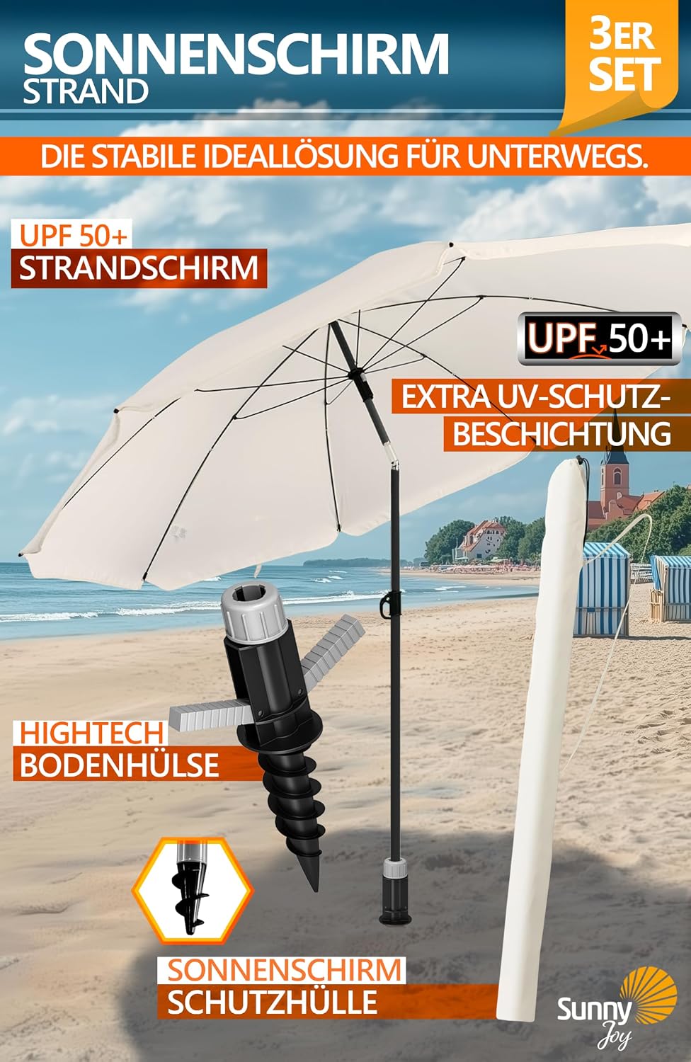 4smile Sunnyjoy Sonnenschirm Strand 3-IN-1 Set - Strandschirm windfest stabil, UPF 50+ Sonnenschirm