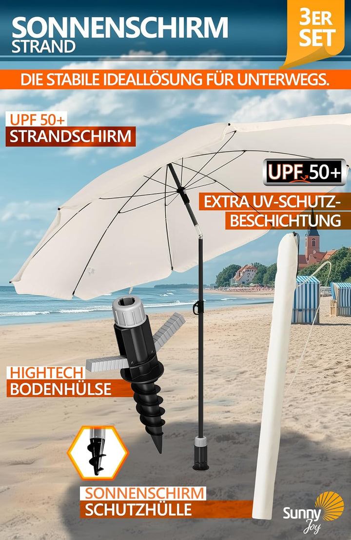 4smile Sunnyjoy Sonnenschirm Strand 3-IN-1 Set - Strandschirm windfest stabil, UPF 50+ Sonnenschirm