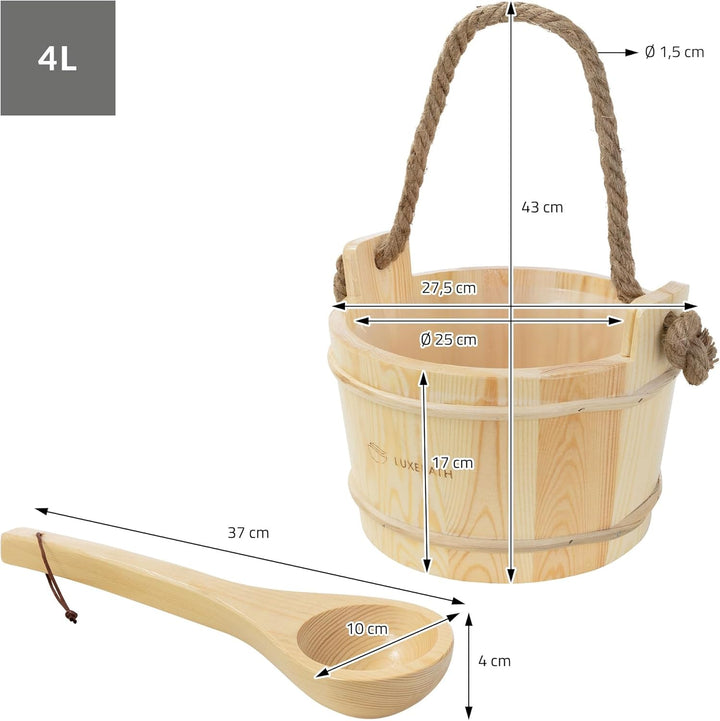 LuxeBath Saunazubehör-Set aus massivem Kiefernholz, Sauna Set 2-tlg, Aufgusskübel mit Kunststoffeins