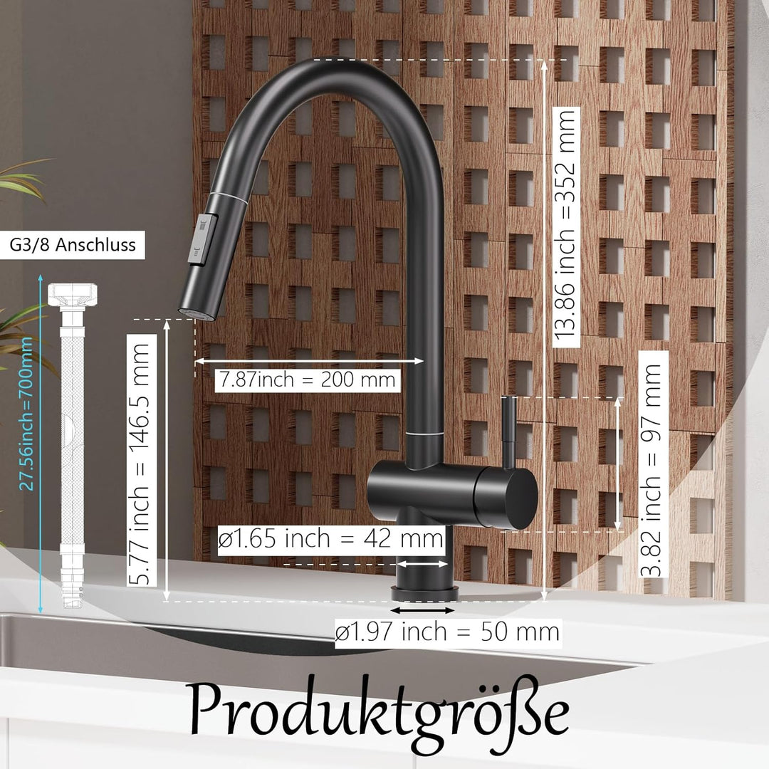 Wasserhahn Küche Schwarz, Hochdruck Küchenarmatur mit Brause Ausziehbar 2 Wasser Modi, 360° Drehbar