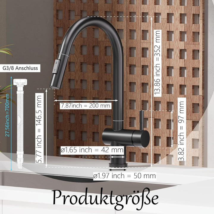Wasserhahn Küche Schwarz, Hochdruck Küchenarmatur mit Brause Ausziehbar 2 Wasser Modi, 360° Drehbar