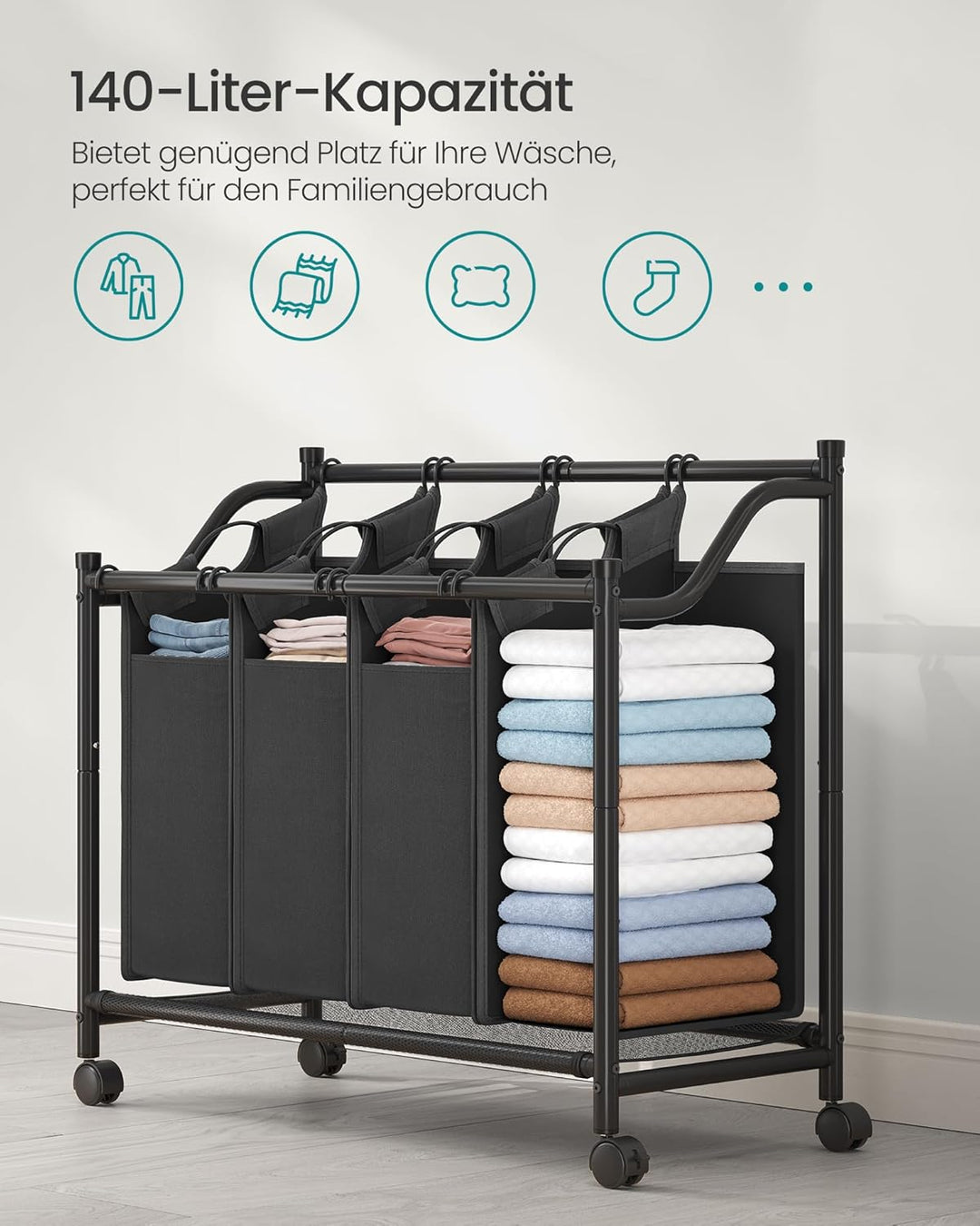 SONGMICS Wäschekorb, Wäschesammler, Wäschesortierer mit 4 abnehmbaren Stofftaschen, Rollen, Aufbewah