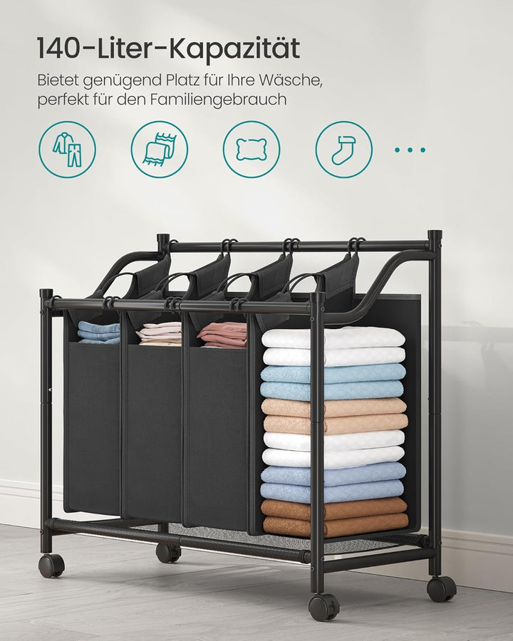 SONGMICS Wäschekorb, Wäschesammler, Wäschesortierer mit 4 abnehmbaren Stofftaschen, Rollen, Aufbewah