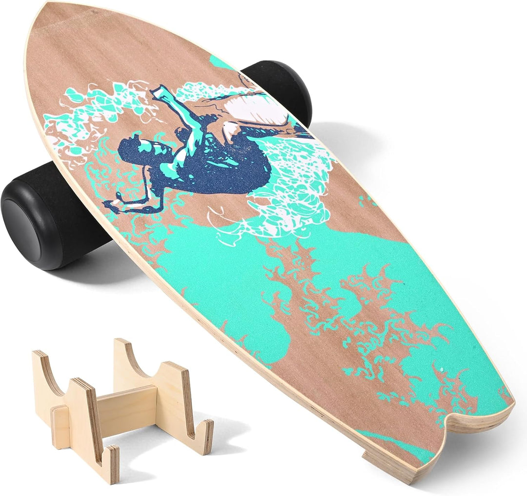 Balance Board mit Korkrolle 33cm, 75x28cm Surfboard Trainer aus Holz, Gleichgewichtsboard mit Stoppe