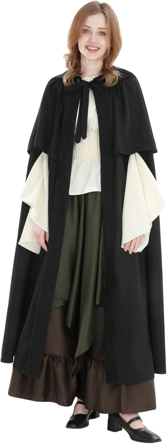 Mittelalter Umhang Damen mit Kapuze – Halloween Cape Vampir Kostüm Hexe Frauen Umhang Schwarz Vampir