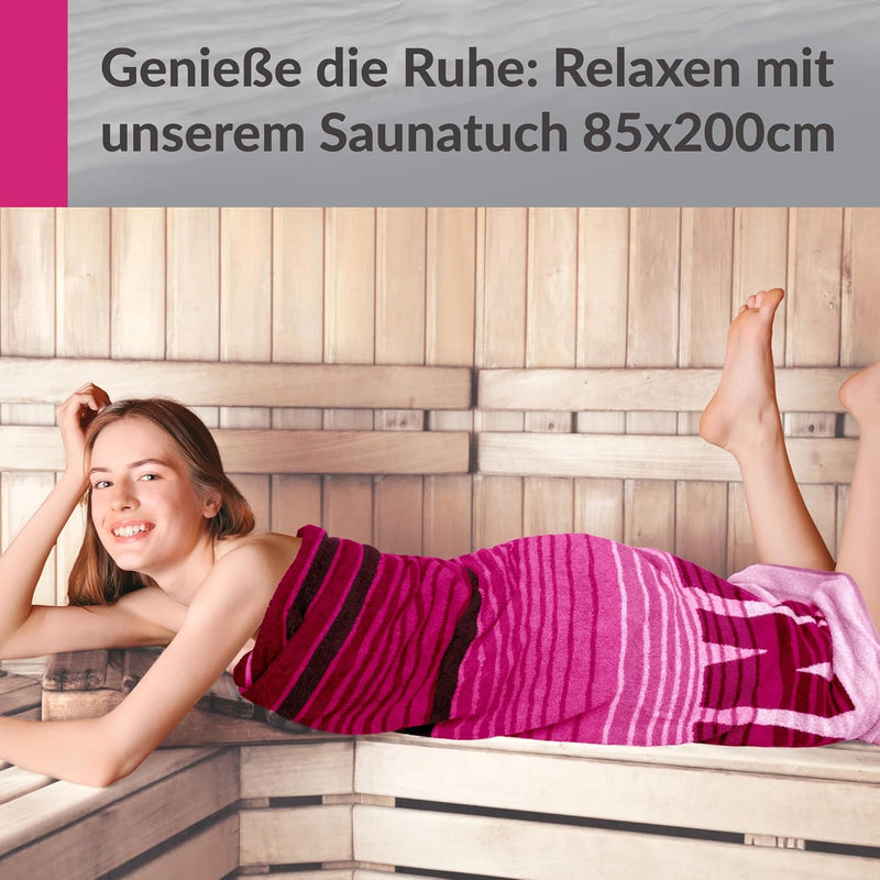 Lashuma Saunatuch Oslo, Streifen Rosa bis Weinrot, Hochwertiges Saunaliegetuch, Riesen Badehandtuch,