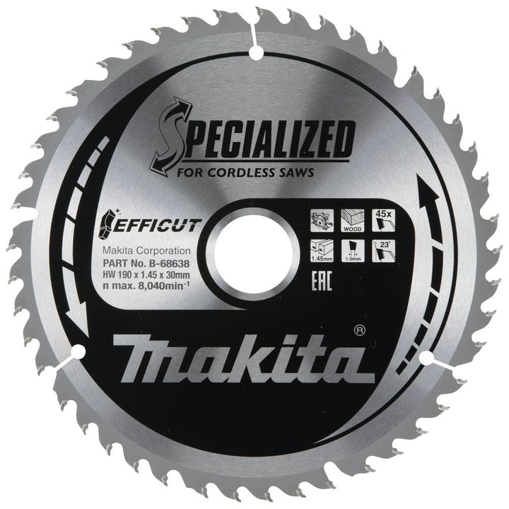 Makita Sägeblatt Efficut Holz für Akku-Handkreissäge (190 x 1,45 x 30 mm, 45 Zähne) B-68638