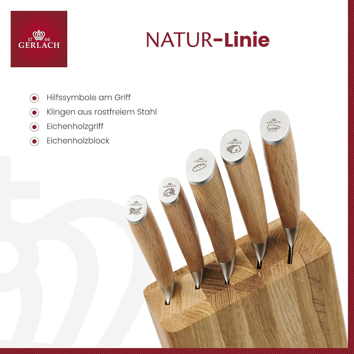 Gerlach Natur Messerblock Messerset Küchenmesserset 5 Messer aus Edelstahl Buchenholz Küchenmesser i