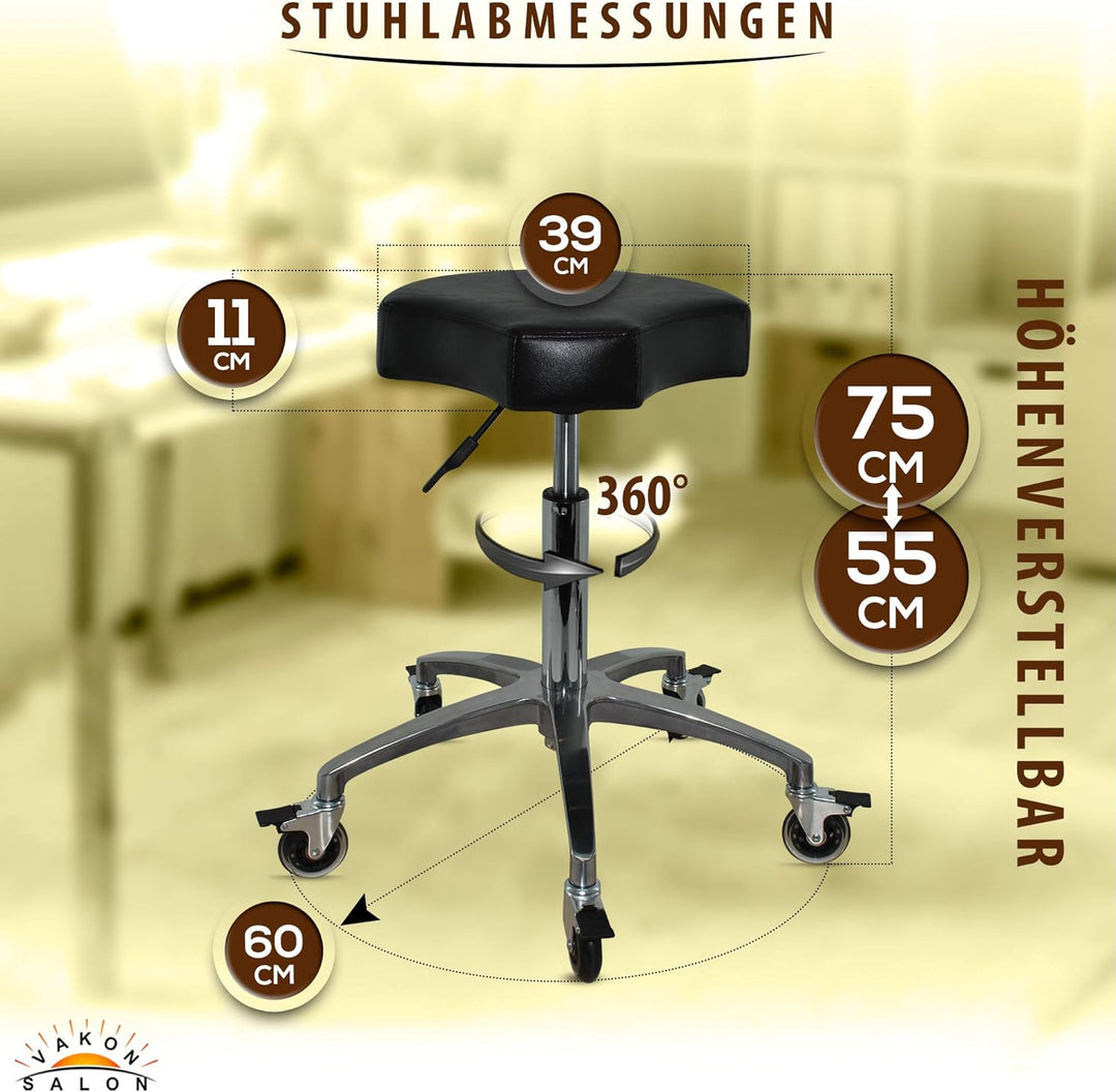 VAKON SALON - Ergonomischer Rollhocker - Premium Rollen mit Bremse - Höhenverstellbarer von 55-75 cm