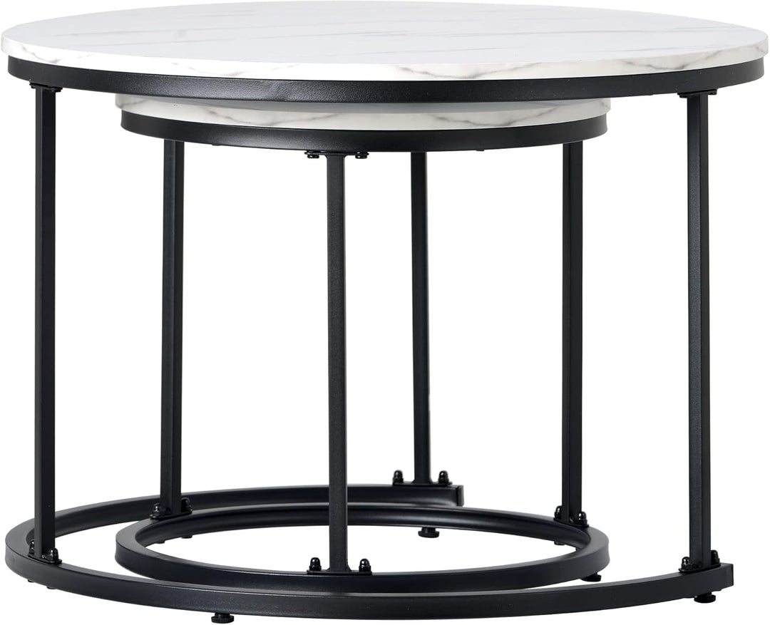 Merax Rund Couchtisch Set, 2-in-1 Nesting Couchtisch Satztisch, mit Marmormuster, Metallgestell, für