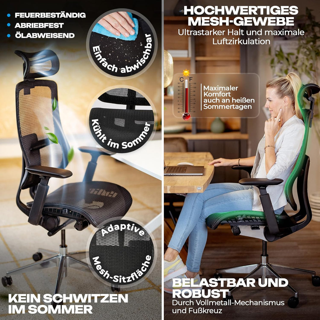 VALKENSTOL M6 Bürostuhl Ergonomisch - Auch für Grosse Menschen, Mesh-Sitz Ergonomischer Bürostuhl Ch