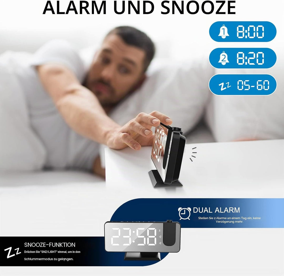 Exmate Projektionswecker, Digital Wecker mit Projektion, USB-Ladeanschluss, 7.5'' grosses Spiegel-LE