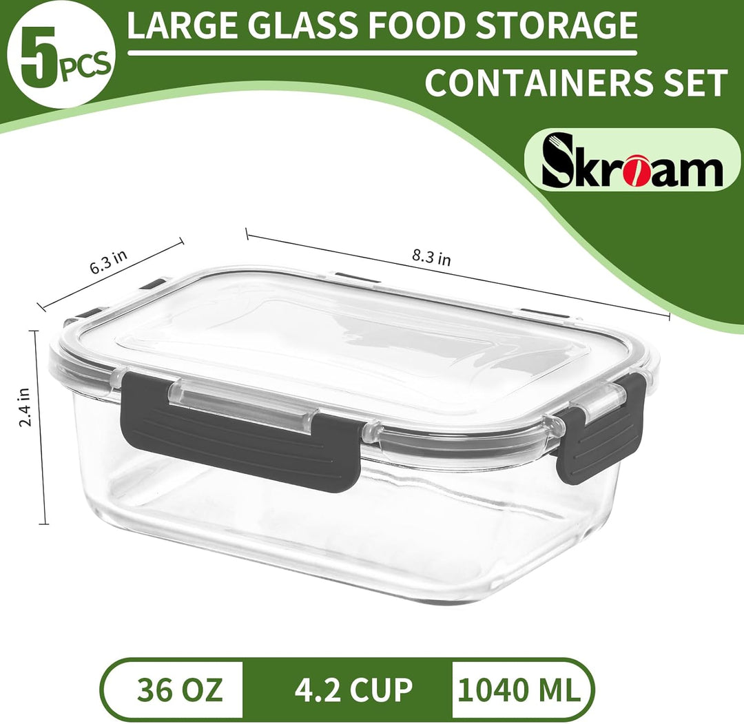 Glas-Frischhaltedosen Set für Lebensmittel,10Teile (5 Deckel & 5 Behälter), Skroam Aufbewahrungsbox