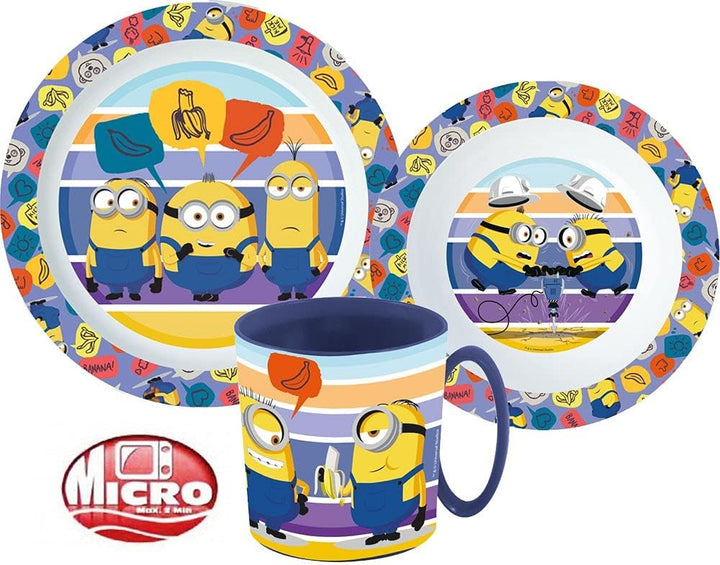 Une Kinder-Geschirr Set mit Teller, Müslischale und Trinkbecher inkl. Besteck (wiederverwendbar) kom
