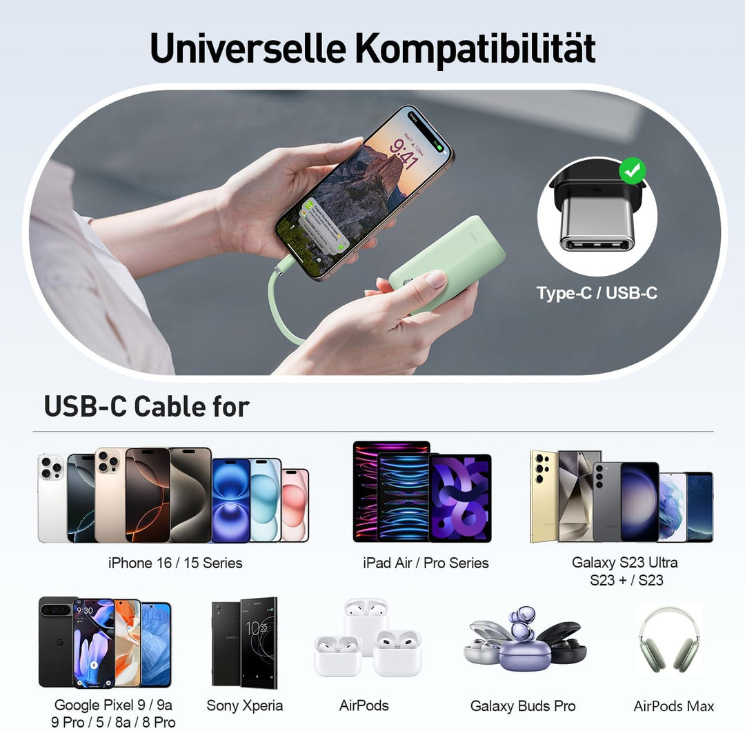 iWALK Mini Tragbares Ladegerät 10000 mAh, 22,5W USB-C Powerbank mit integriertem Kabel, Ultra-kompak