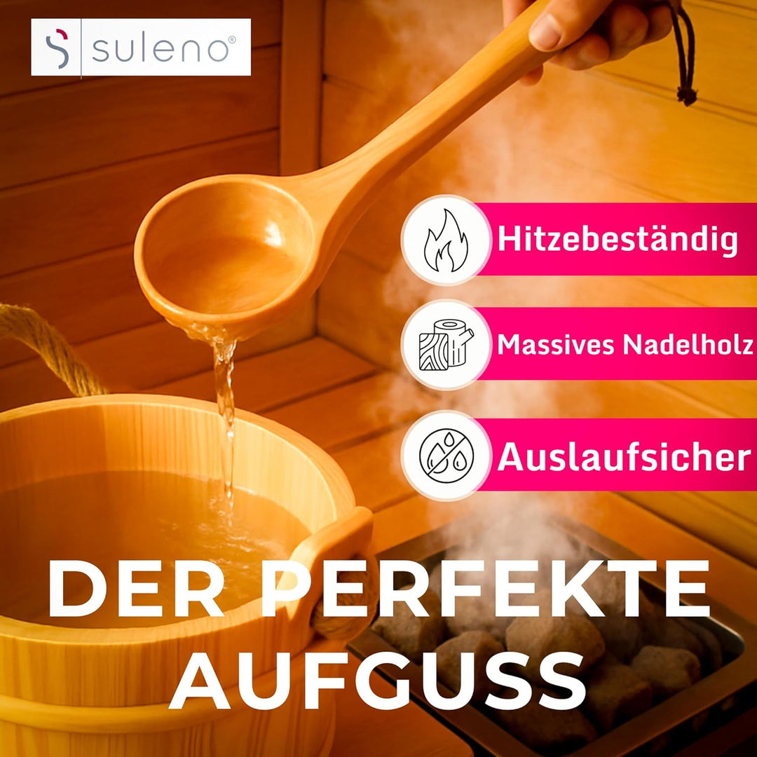 Suleno Sauna Zubehör Set - Saunaeimer mit Kelle aus Nadelholz, PVC-Einsatz, Auslaufsicher, Naturholz