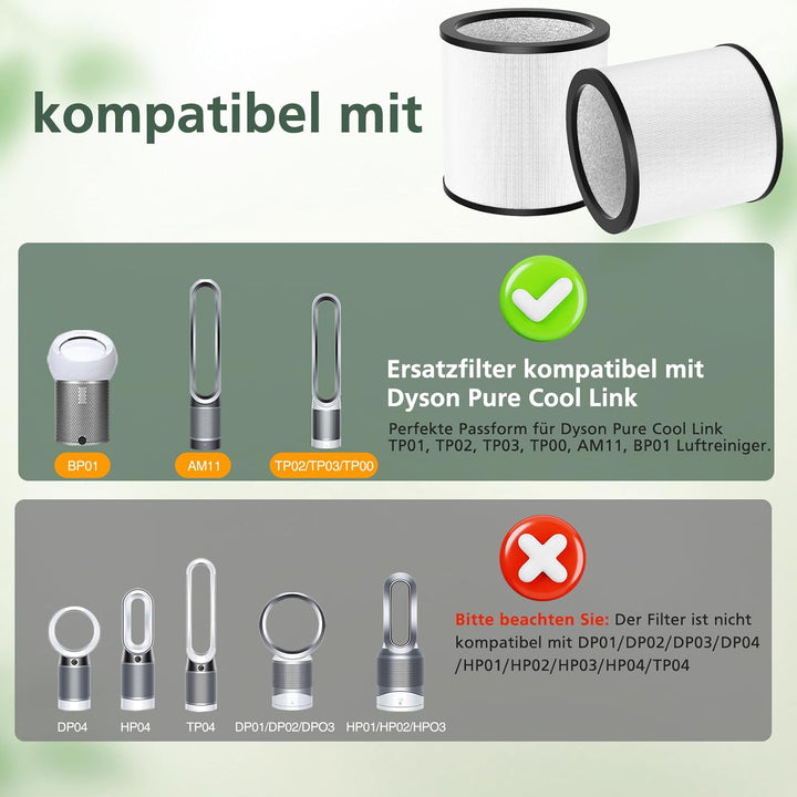 2 Pack TP01 True HEPA Ersatzfilter Kompatibel mit Dyson Tower Purifier Pure Cool Link-Modellen TP01,