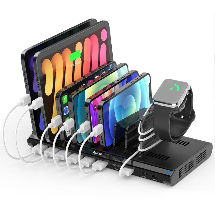 Alxum 96W 10 Port USB C Ladestation für Multi-Geräte, Schnellladestation Organizer mit 2 * 18W PD &
