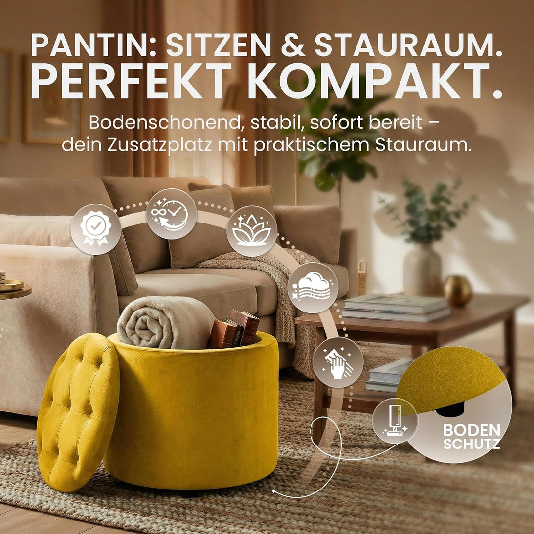 CLP Sitzhocker Pantin Samt I Polsterhocker Mit Stauraum I Gesteppter Hocker Mit Zierknöpfen I Runder