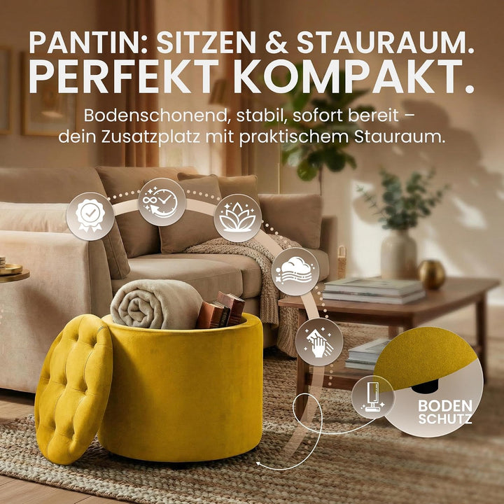 CLP Sitzhocker Pantin Samt I Polsterhocker Mit Stauraum I Gesteppter Hocker Mit Zierknöpfen I Runder