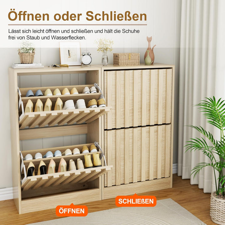 UEV Schuhschrank mit 2 Klappen Holz Schmal Schuhkipper Schuhkommode mit Kippschutz, Schuhaufbewahrun