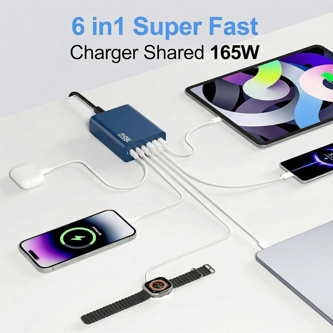 6 Ports Ladestation Schnellladegerät, 165W USB C Schnelllade Netzteil, PD Power GaN Ladegerät kompat