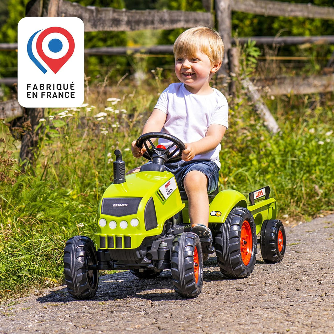 Falk Claas Trettraktor mit Anhänger für Kinder ab 2 Jahren I Traktor mit Lenkrad mit Hupe in Khaki g