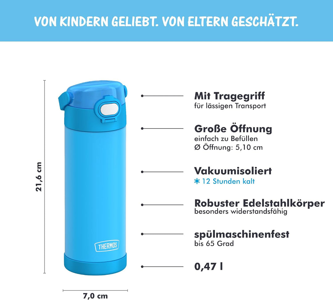 THERMOS kids FUNTAINER Trinkflasche 0,47 l, 12 h kalt, neon blue, Neon Blue