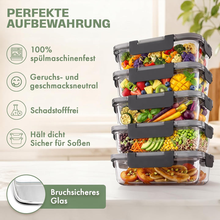 Lemontree Vorratsdosen mit Deckel Luftdicht - Meal Prep Boxen Glas - Mikrowellengeeignet, Spülmaschi
