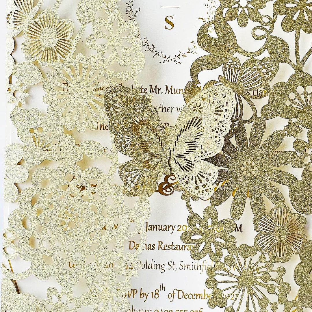 Hosmsua 20 x Blanko-Champagner-Gold-Glitzer-Hochzeitseinladungskarten mit Schmetterlingsspitze, Flor