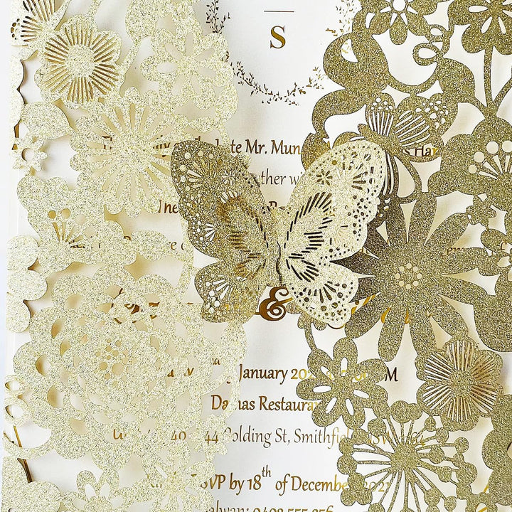 Hosmsua 20 x Blanko-Champagner-Gold-Glitzer-Hochzeitseinladungskarten mit Schmetterlingsspitze, Flor