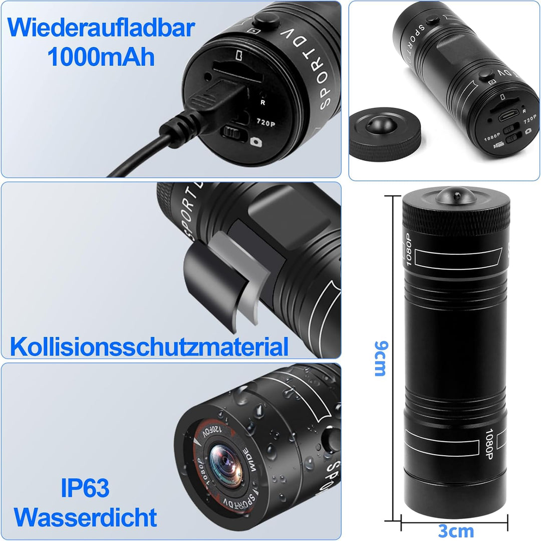Action Cam, 1080P HD & 120° Weitwinkel Helmkamera, 1000mAh Hochleistungsakku & IP63 wasserdicht Acti