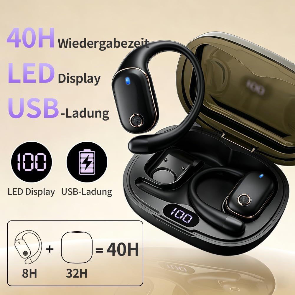 Open-Ear Bluetooth Kopfhörer, Bluetooth 6.0 Wireless Ohrhörer Sport mit LED-Anzeige, IPX6 Wasserdich