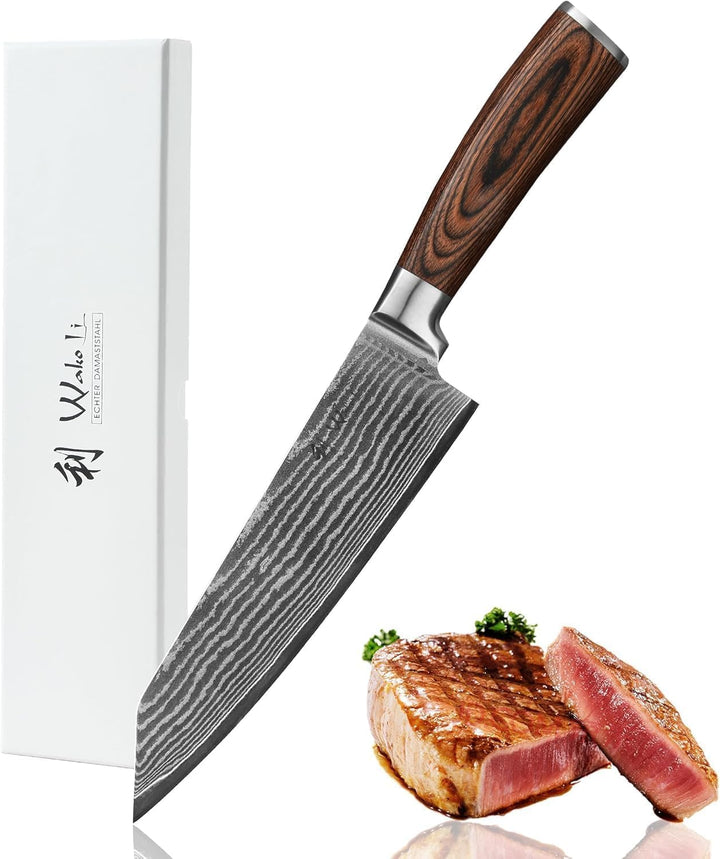 Wakoli EDIB Kiritsuke Messer aus echtem Damaststahl (VG10 Kern) mit 20 cm Klinge – Scharfes Küchenme