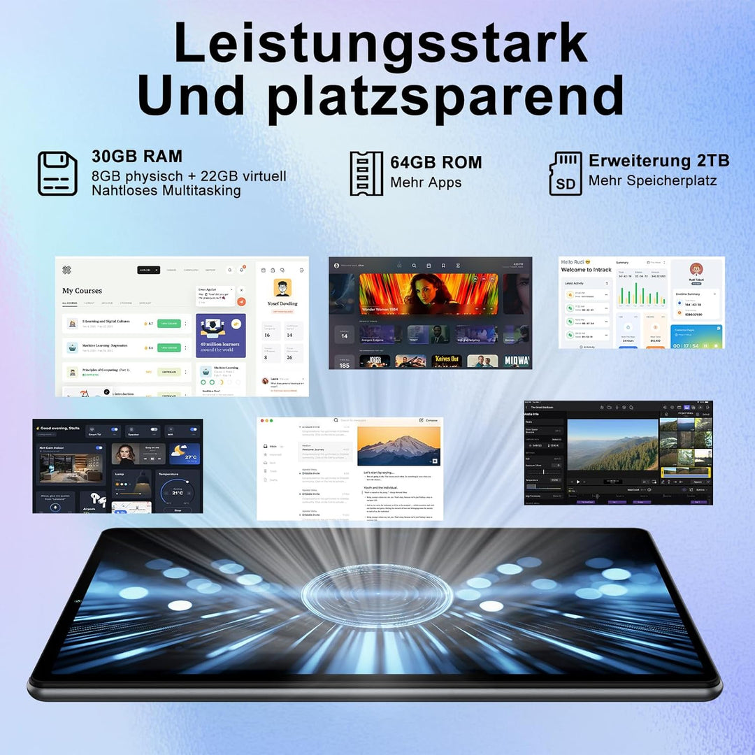 Android 15 Tablet 10 Zoll mit Gemini AI, 30 GB RAM + Erweiterbar auf 2 TB ROM, Widevine L1, 5G WLAN,