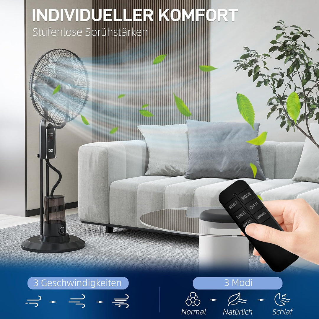 HOMCOM Ventilator mit Wasserkühlung, Luftbefeuchter, 10° Neigbar Standventilator inkl. Sprühnebel, 3