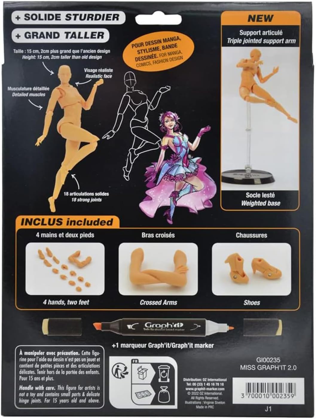 GRAPH'IT GI00235 MISS 2.0 Figur, beweglich zum Zeichnen, PVC, Hautfarben, 15 cm