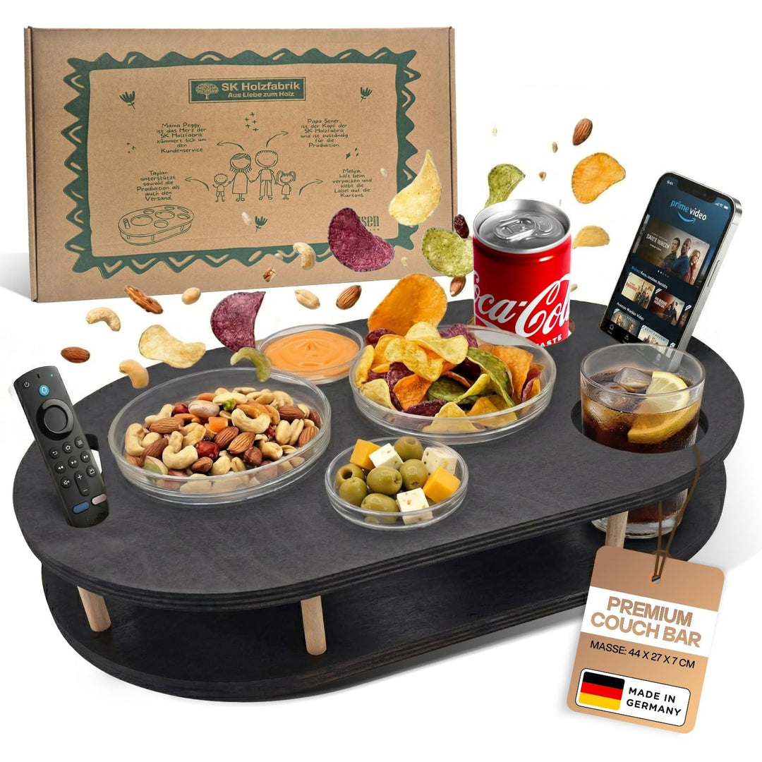 Couchbar Snackbox in schwarz mit 4 Glasschalen - Sofabar für Snacks und Getränke - Couchtabletts mit