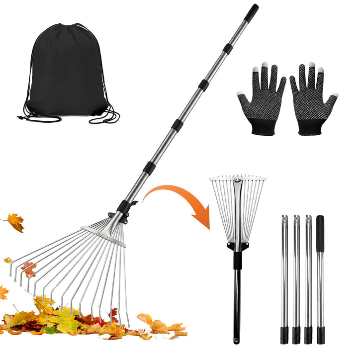 215cm Laubrechen Verstellbar mit 15 Zinken Fächerbesen Laubbesen Metall Gartenrechen mit Handschuhe
