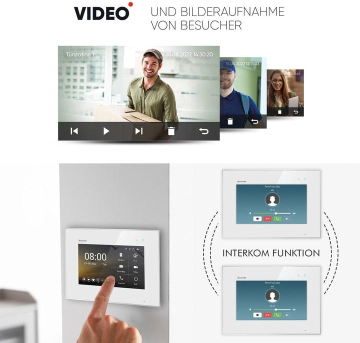 Balter EVO HD Silber/Weiss Video Türsprechanlage Set für 3 Familienhaus (1x Türstation mit Full HD-K