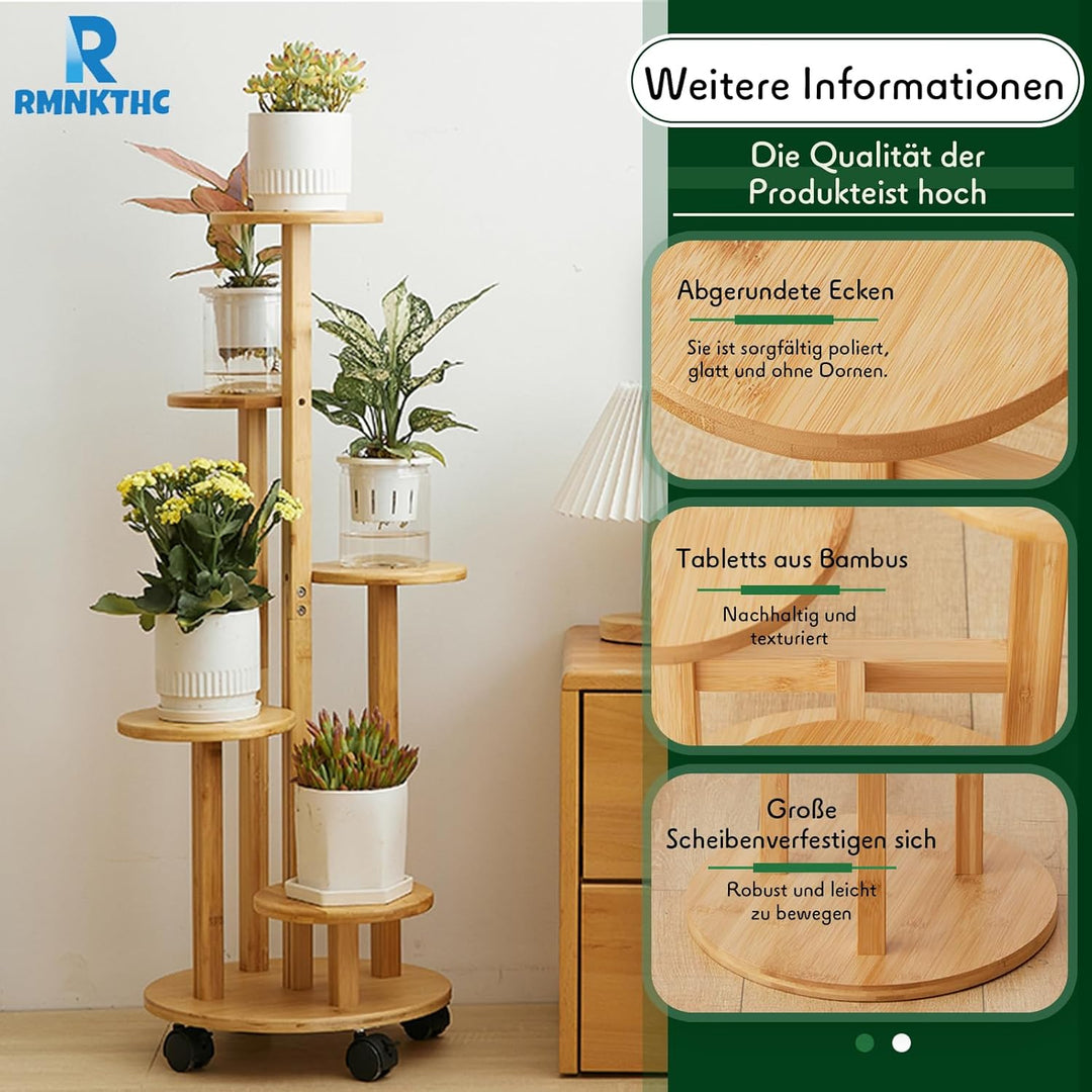 Bambus Blumenregal mit Rollen | 5-stufig 20kg Traglast | Naturmaterial wasserfest | Einfache Montage